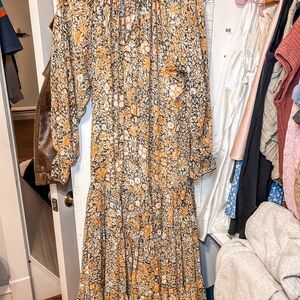 Free People Orange and Cream Floral Long Sleeve Dress